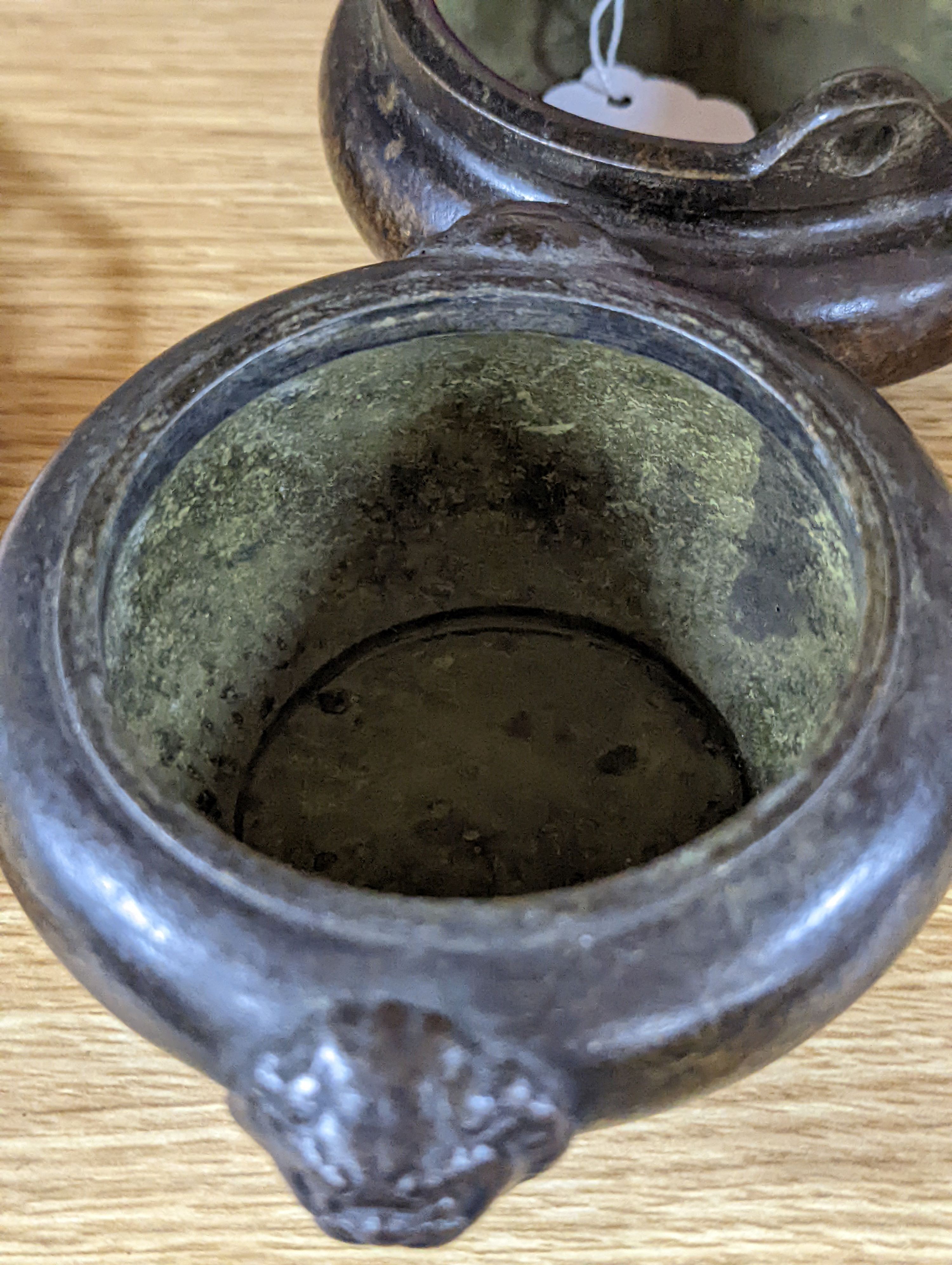 A Chinese bronze tripod censer and a Chinese bronze censer and cover 11cm